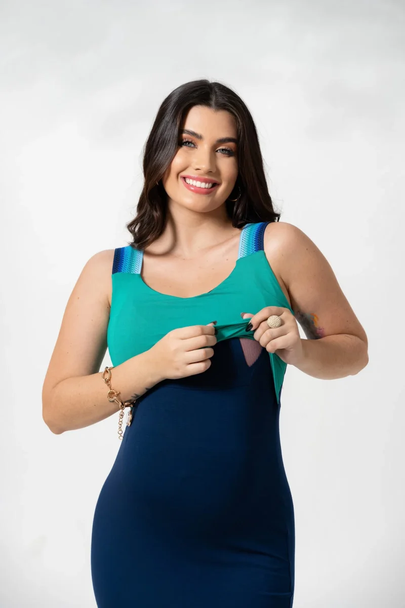 Vestido Gestante Amamentação Midi Aviamento Bicolor Azul Marinho e Turquesa - Image 3