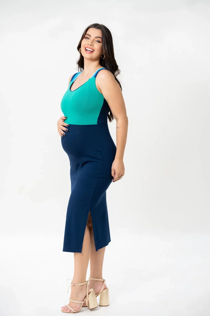 Vestido Gestante Amamentação Midi Aviamento Bicolor Azul Marinho e Turquesa - Image 5