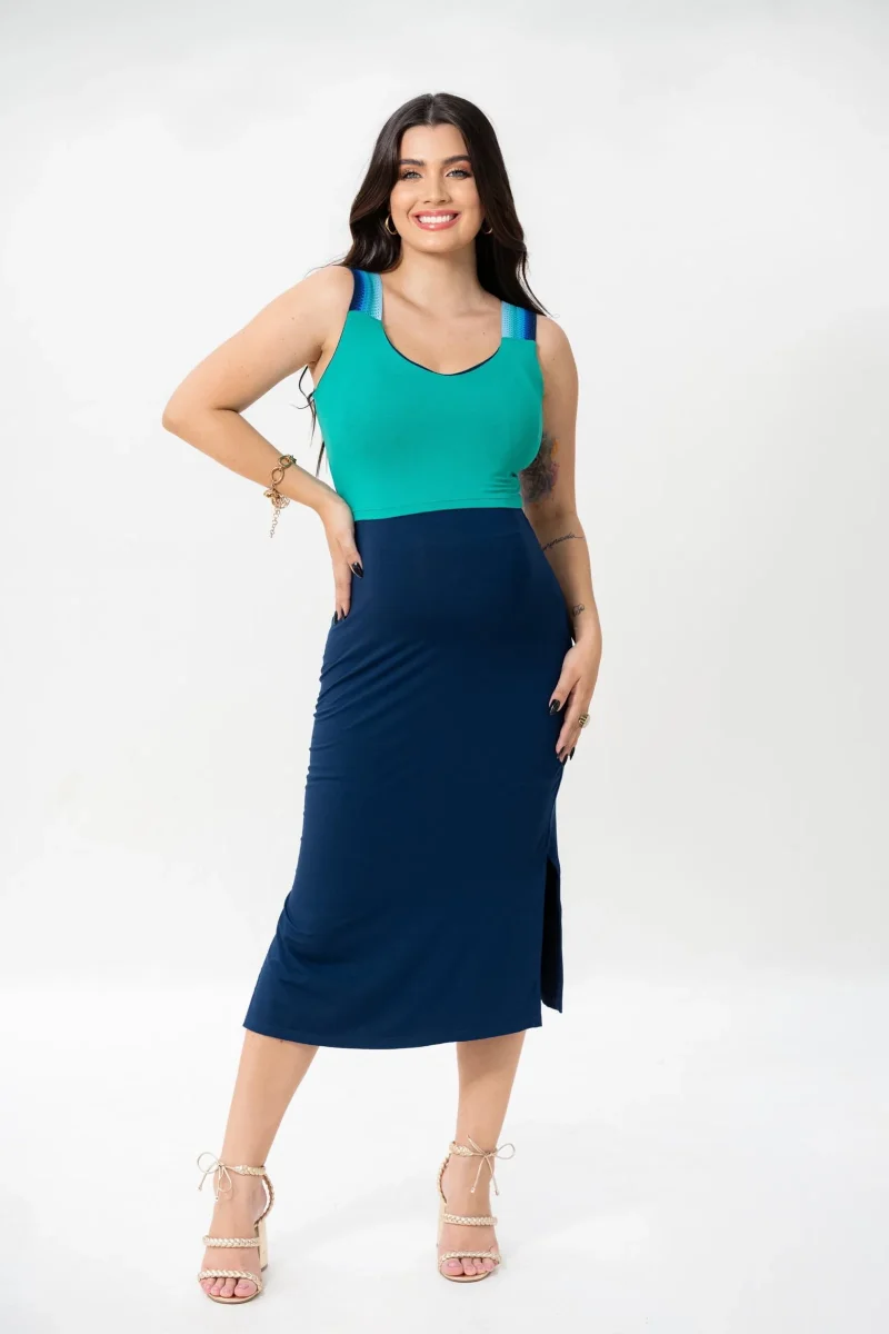 Vestido Gestante Amamentação Midi Aviamento Bicolor Azul Marinho e Turquesa