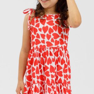 Vestido Canelado Infantil Feminino De Babado Com Alcinha De Amarração Estampado De Coração Vermelho