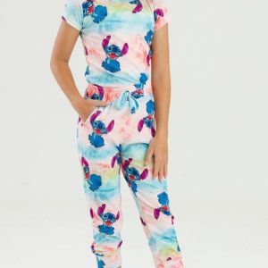 Conjunto Canelado de Blusa e Calça Jogger Infantil Feminino Estampa do Stitch Tie Dye