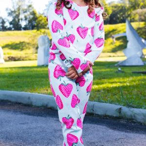 Conjunto Infantil Feminino Canelado De Blusa E Calça Estampado Moranguinhos