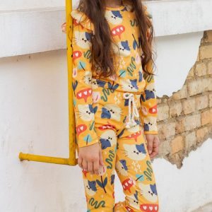 Conjunto Infantil Feminino Canelado De Blusa E Calça Estampado Gatinhos