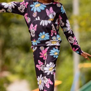 Conjunto Canelado Infantil De Blusa Com Bolso e Calça Feminino Estampado Margarida Preto