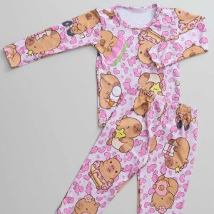 Conjunto Térmico Infantil Estampado Da Capivara Rosa
