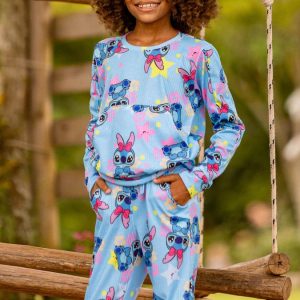 Conjunto Canelado Infantil De Blusa Com Bolso E Calça Feminino Estampado Stitch Azul