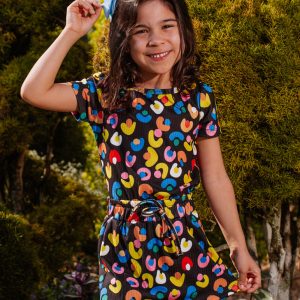 Conjunto Canelado Cropped E Shorts Saia Infantil Feminino Estampa Colorida Fundo Preto