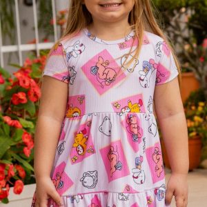 Vestido Canelado de Babado Infantil Feminino Com Estampa Do Bobbie Goods Rosa