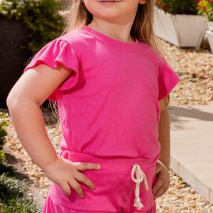 Conjunto Infantil Feminino Canelado Blusa E Shorts Babado Rosa Candy