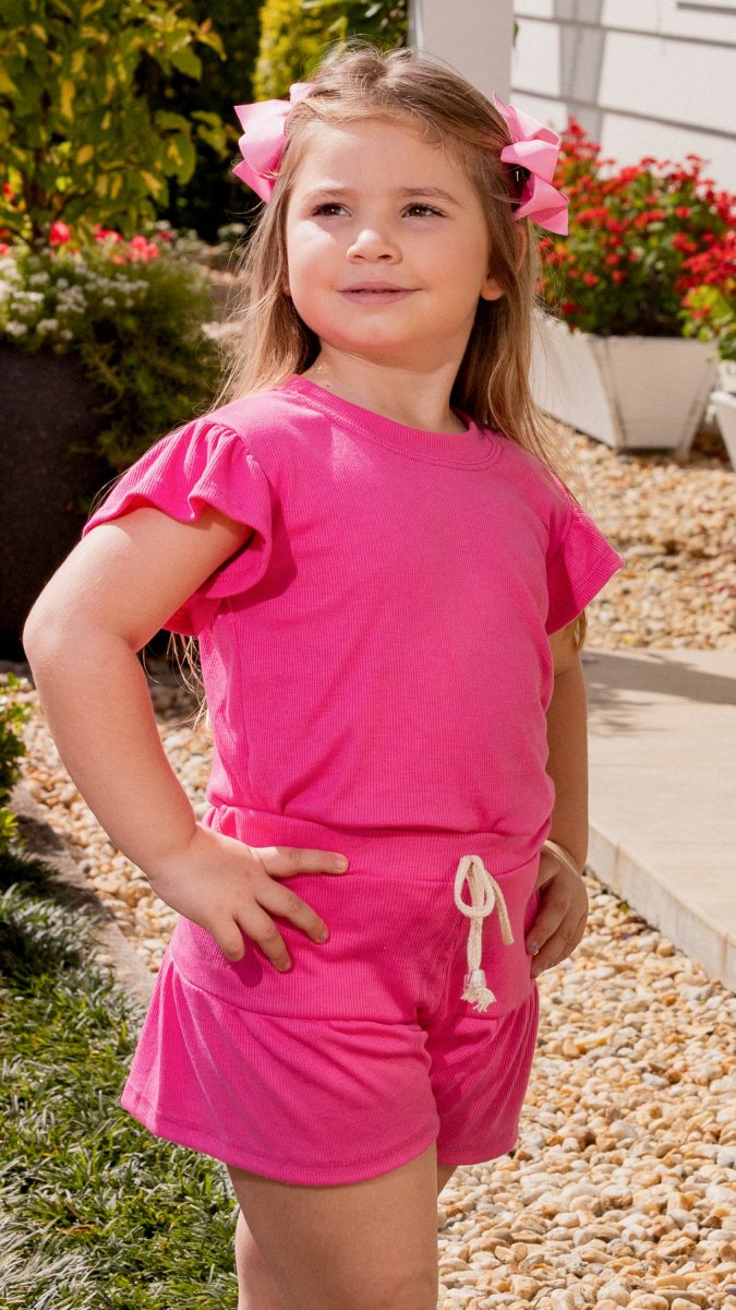 Conjunto Infantil Feminino Canelado Blusa E Shorts Babado Rosa Candy - Image 2