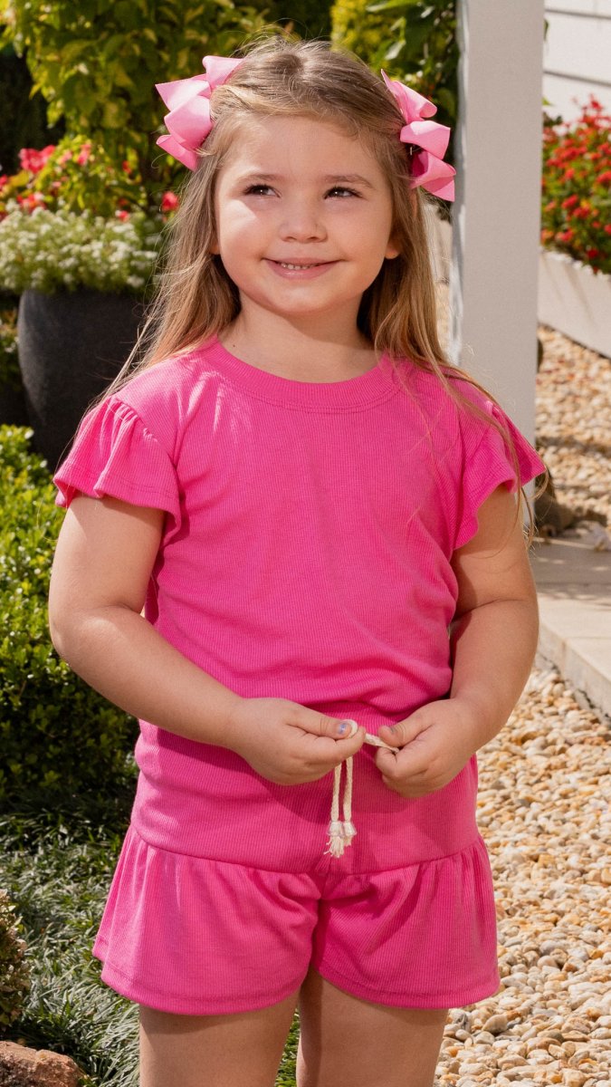 Conjunto Infantil Feminino Canelado Blusa E Shorts Babado Rosa Candy - Image 3