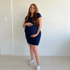 Vestido Básico Gestante Amamentação Manga Curta Azul Marinho