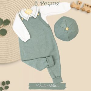 Kit Saída de Maternidade Menino RN – Jardineira Tricô com Body e Boina